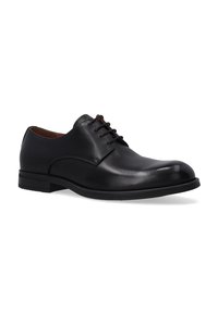 Schwarze Leder-Oxford-Schuhe mit glatter Oberfläche, runder Zehenpartie, sechs Ösen-Schnürung und einer strukturierten Gummisohle für besseren Halt.