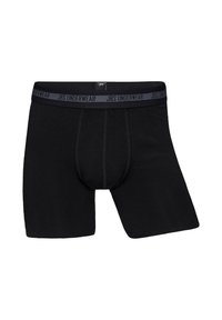Black boxer shorts made of soft fabric. Features an elastic waistband with "JBS UNDERWEAR" branding and stitched detailing on the front.