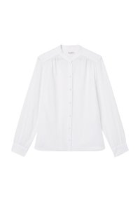 White long-sleeve shirt with a straight-cut design, button closure, and pleated details on shoulders. Fabric appears smooth and lightweight.