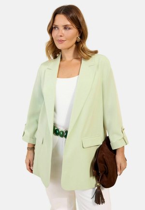 Žena v svetlozelenom saku, bielom topu, zelenej opasky, bielych nohaviciach, zlatých náušniciach, držiaca hnedú semišovú listovú kabelku s strapcami.