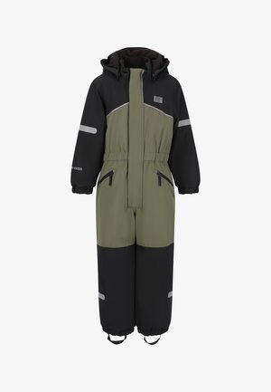 Isoleret vinterdragt i sort og oliven, med lynlås lukning, justerbare manchetter og reflekterende detaljer, egnet til koldt vejr.