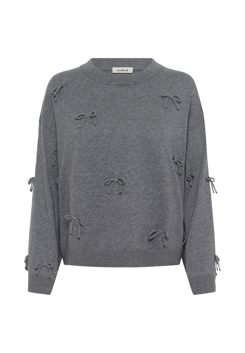 Siv pulover iz pletenine z dolgimi rokavi, z majhnimi rahlo izbočenimi vzorci metuljčkov na sprednji strani in rokavih, z rebrastimi manšetami in robom ter okroglim izrezom na vratu.