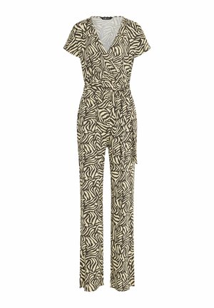 Combinaison cache-cœur à manches courtes, jambes larges, avec un imprimé zèbre beige et marron, dotée d'une ceinture en tissu à la taille.