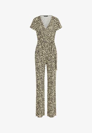 Wickel-Jumpsuit mit kurzen Ärmeln, weitem Bein und beigen und braunen Zebramuster, mit einem Stoffgürtel in der Taille.