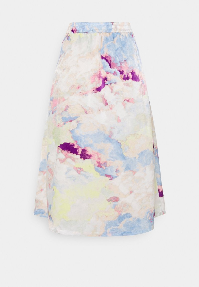 Une jupe de longueur genou avec un motif nuage multicolore dans des teintes pastel de bleu, rose et violet, dotée d'une taille élastique.