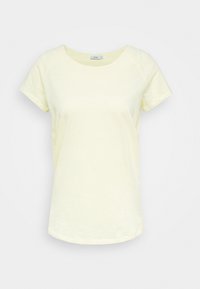 Lys gul kortærmet t-shirt med rund halsudskæring, lavet af et blødt, tekstureret stof. Rummer et simpelt design og en afslappet pasform.