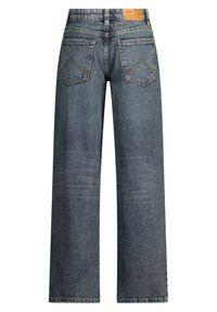 Jeans a gamba larga in denim blu medio. Presentano un girovita alto, tasche posteriori con cuciture curve e una patch in pelle sulla cintura posteriore.