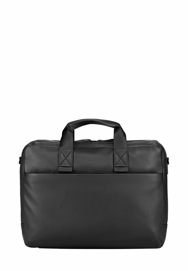 Schwarze Leder-Laptoptasche mit zwei oberen Griffen, minimalistischem Design, flacher Fronttasche und glatter Textur. Verfügt über strapazierfähige Nahtakzente.