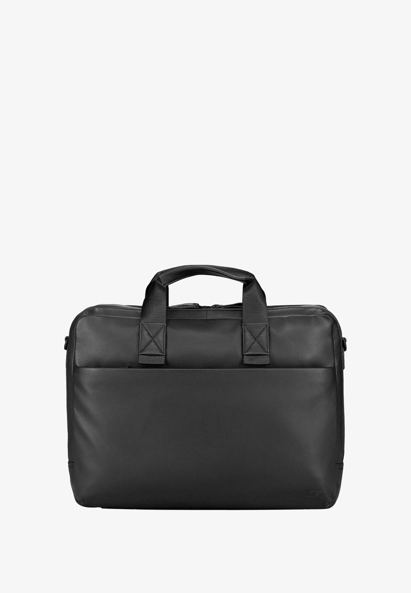 Schwarze Leder-Laptoptasche mit zwei oberen Griffen, minimalistischem Design, flacher Fronttasche und glatter Textur. Verfügt über strapazierfähige Nahtakzente.