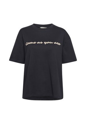 Svart bomullströja med avslappnad passform, med korta ärmar och rundad halsringning. "Kom som du är" tryckt med kursiv stil på framsidan i beige.