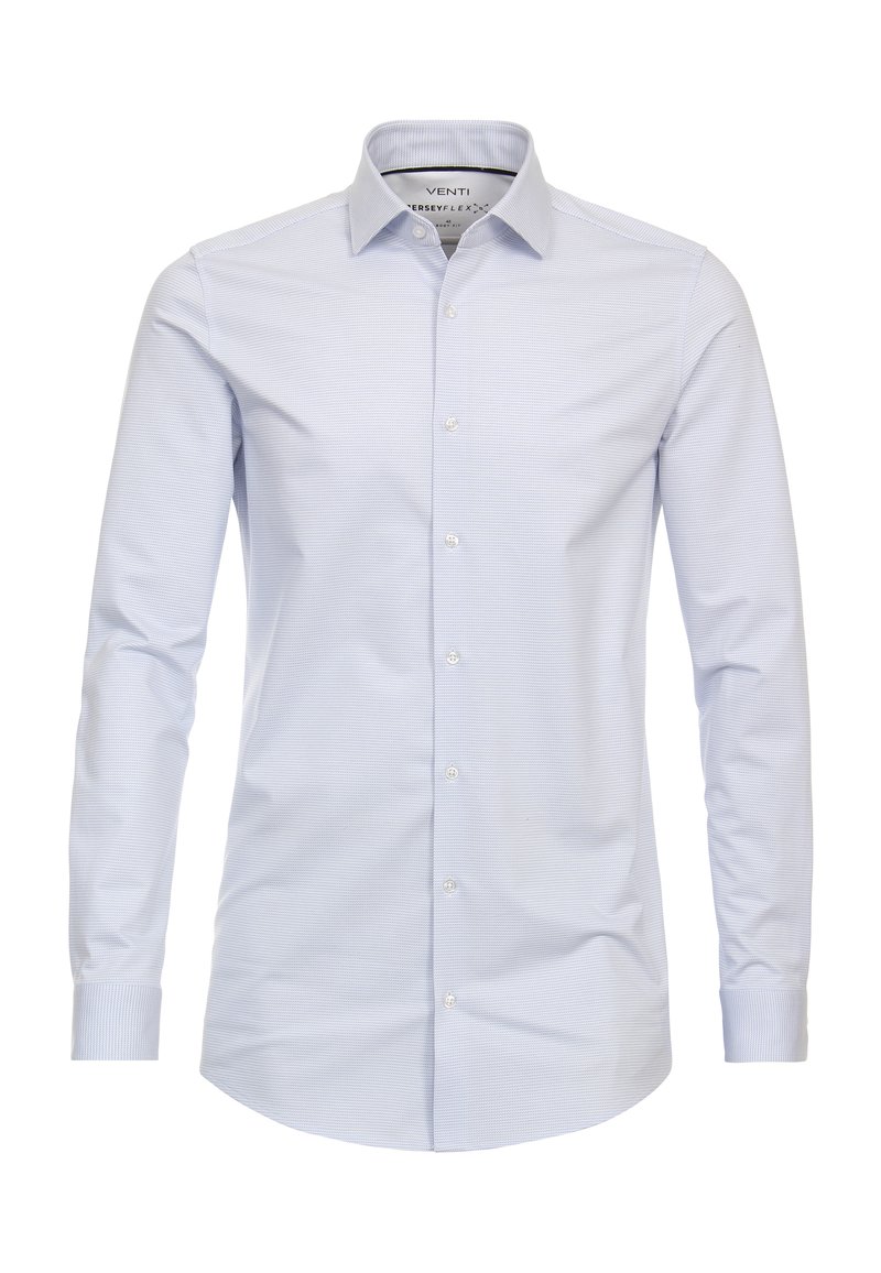 Lichtblauw overhemd met lange mouwen, voorzien van een subtiele gestreepte patroon en knoopsluiting aan de voorkant. Heeft een klassieke kraag en manchet mouwen. De stof lijkt glad.
