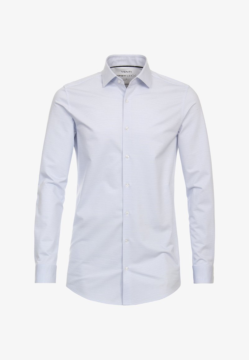 Lichtblauw overhemd met lange mouwen, voorzien van een subtiele gestreepte patroon en knoopsluiting aan de voorkant. Heeft een klassieke kraag en manchet mouwen. De stof lijkt glad.
