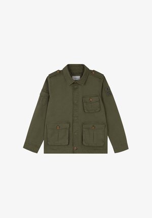 Olijfgroene militaire stijl jas van katoen, met vier voorzakken, knopenaccenten en epauletten op de schouders.