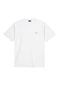 Weißes Baumwoll-T-Shirt mit kurzen Ärmeln und rundem Halsausschnitt. Enthält ein kleines, beigefarbenes gesticktes Logo auf der linken Brust.