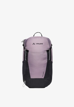 Mochila de senderismo Vaude Wizard 24+4 en color lila claro y negro, con asa superior, múltiples compartimentos y bolsillos laterales, vista frontal.