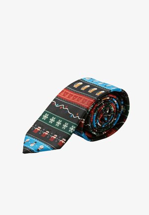 Gemusterte Krawatte mit schwarzem Hintergrund und bunten Festdesigns, darunter Schneemänner, Bier und Weihnachtselemente, aufgerollt.