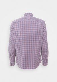 Langarmhemd mit einem lila-rosa Karo-Muster. Baumwollmaterial mit Button-Down-Kragen und knöpfbaren Manschetten. Rückansicht gezeigt.
