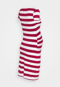 Short-sleeve, knee-length dress with horizontal red and white stripes, fitted silhouette, and slight ruching on one side.