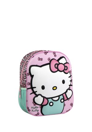 Sac à dos pour enfants avec le personnage Hello Kitty en rose, vert menthe et noir, avec des nœuds et une poche latérale en filet.