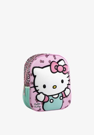 Zaino per bambini con il personaggio Hello Kitty in rosa, verde menta e nero, con fiocchi e una tasca laterale in rete.