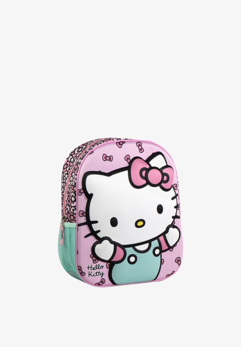 Sac à dos pour enfants avec le personnage Hello Kitty en rose, vert menthe et noir, avec des nœuds et une poche latérale en filet.