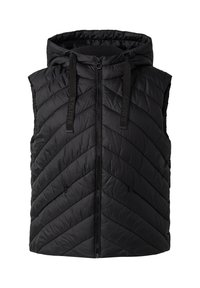 Schwarzte sleeveless Steppweste mit Kapuze, Frontreißverschluss und Kordelzügen an der Kapuze mit subtiler Textdetail.