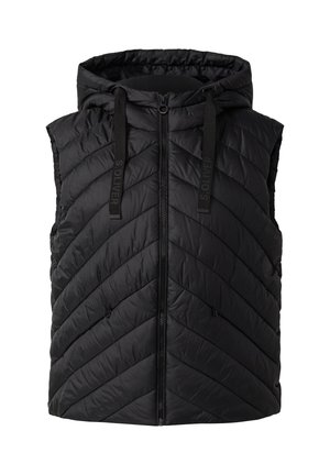 Black sleeveless quilted vest with hood, front zipper, and drawstrings on hood with subtle text detail.
