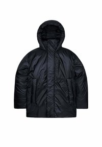 Giacca imbottita nera con cappuccio, colletto alto, cerniera frontale e due grandi tasche anteriori. Texture liscia e lucida.