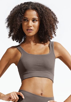 Brown ribbed crop top with wide straps and a square neckline, featuring a fitted design that highlights the midriff. Smooth texture, minimal detailing.