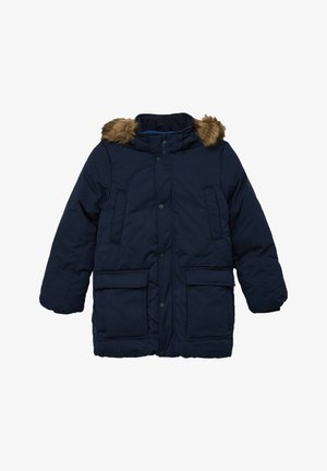 Navy blue padded parka with a faux fur collar, featuring two front pockets and a zippered closure, designed for warmth and comfort.