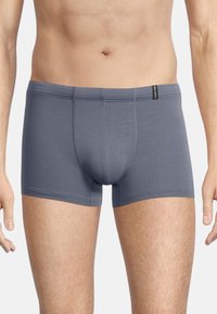 Mutande da uomo in stile trunk di tessuto grigio scuro. Caratterizzano un design aderente con una cintura elastica con logo e cuciture piatte.