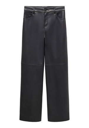 Crne hlače širokih nogavica od umjetne kože s petljama za remen, četiri džepa i glatkom teksturom. Imaju čist, minimalistički dizajn.