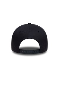 Black cap with a rounded visor, made of fabric. Features a plastic adjustable strap at the back. No visible logos or patterns.
