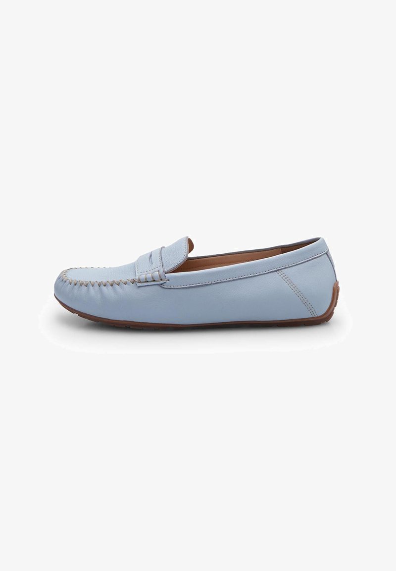 Himmelblaue Lederloafer mit gestickten Details, runder Zehenform und glatter Oberfläche. Gummisohle mit einem flachen Design.