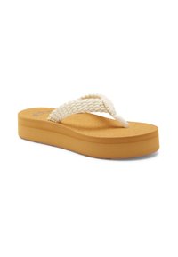 Platform flip-flop in cream, featuring a textured braided strap, cushioned cork footbed, and a thick, solid rubber sole.