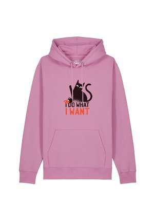 Lila hoodie met een zwarte kattenafbeelding die een poot omhoog houdt en tekst eronder met de tekst "I do what I want" in zwarte en oranje letters.