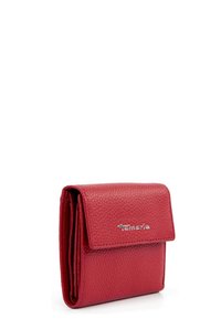 Red leather wallet with a textured finish, featuring a fold-over flap and silver logo accent. Compact design with multiple compartments.