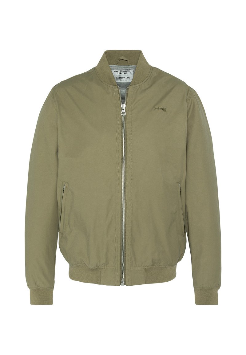Giubbotto bomber verde oliva, tessuto leggero, polsini e orlo a costine, chiusura frontale con zip, due tasche laterali, dettaglio del logo sul petto.