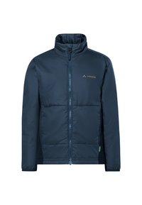 Veste isolée bleu marine avec un col haut, fermeture éclair complète à l'avant et panneaux cousus. Présente un petit logo sur la poitrine et des poignets élastiques.