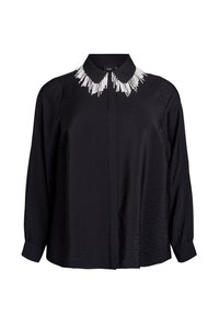 Blusa nera a maniche lunghe con patta frontale nascosta e decorazioni in perle sui bordi del colletto.