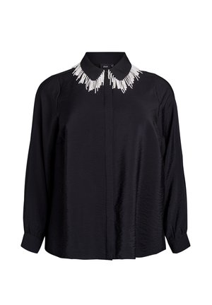 Black long-sleeve blouse with a concealed front placket and pearl bead embellishments on the collar edges.