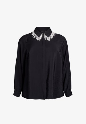 Black long-sleeve blouse with a concealed front placket and pearl bead embellishments on the collar edges.