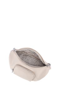 Borsa in pelle beige con forma arrotondata, dotata di chiusura con zip e una piccola tasca con zip. L'interno presenta un delicato motivo con logo.