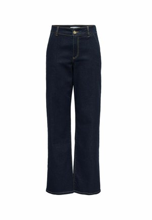 Jean large bleu foncé en denim, avec des coutures jaunes contrastantes, une fermeture à bouton à l'avant et deux poches avant.