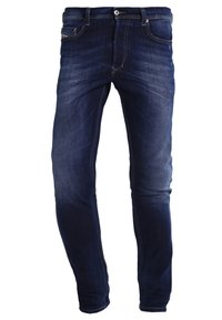 Mörkblå denimjeans med slim fit, som har en blekt effekt, kontrasterande sömnad, dragkedjegylf och fem fickor.