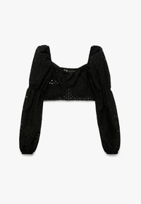 Blusa negra recortada con mangas abullonadas, hecha de una tela ligera con bordado de ojal. Escote cuadrado con detalles fruncidos.