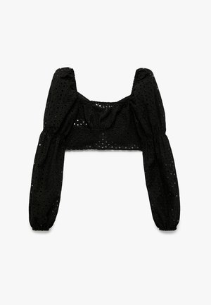Sort kortærmet bluse med puffede ærmer, lavet af letvægtsstof med hulbroderi. Fyrkantet udskæring med rynkede detaljer.