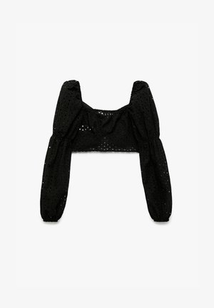 Sort kortærmet bluse med puffede ærmer, lavet af letvægtsstof med hulbroderi. Fyrkantet udskæring med rynkede detaljer.