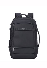 Zaino nero con più compartimenti zip, spallacci imbottiti e finitura in tessuto testurizzato. Presenta una tasca laterale in rete e un dettaglio del logo.