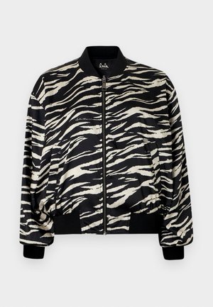 Zwart-crème bomberjack met zebraprint, voorzien van een ritssluiting aan de voorkant, geribbelde manchetten en zoom. Gemaakt van een glad, lichtgewicht stof met een losse pasvorm.